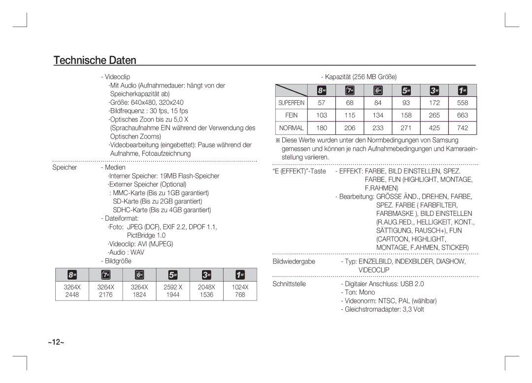 Samsung EC-S85ZZBAA, EC-S85ZZPAA, EC-S85ZZSAA manual Kapazität 256 MB Größe, Bildwiedergabe 