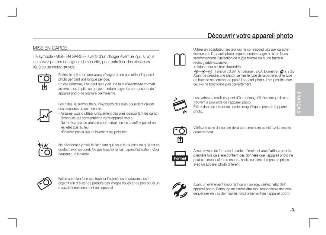 Samsung EC-S85ZZPAA, EC-S85ZZSAA, EC-S85ZZBAA manual Mise EN Garde, Adaptateur secteur disponible, Photo 