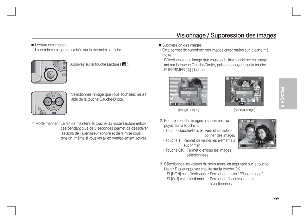 Samsung EC-S85ZZPAA, EC-S85ZZSAA Visionnage / Suppression des images, Touche T Permet de vériﬁ er les éléments à supprimer 