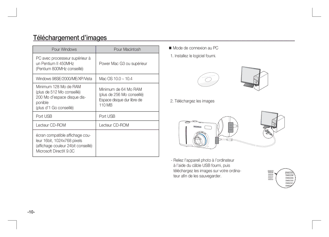 Samsung EC-S85ZZSAA manual Téléchargement d’images, Pour Windows Pour Macintosh, Mac OS 10.0 ~, Leur 16bit, 1024x768 pixels 