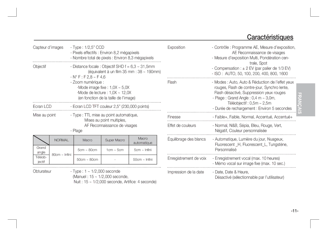 Samsung EC-S85ZZBAA, EC-S85ZZPAA, EC-S85ZZSAA manual Caractéristiques 