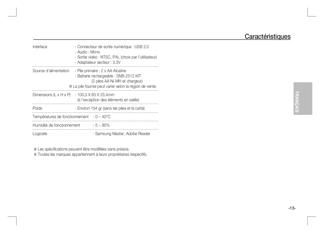 Samsung EC-S85ZZSAA Interface, Adaptateur secteur, Source d’alimentation Pile primaire 2 x AA Alcaline, Poids, Logiciels 