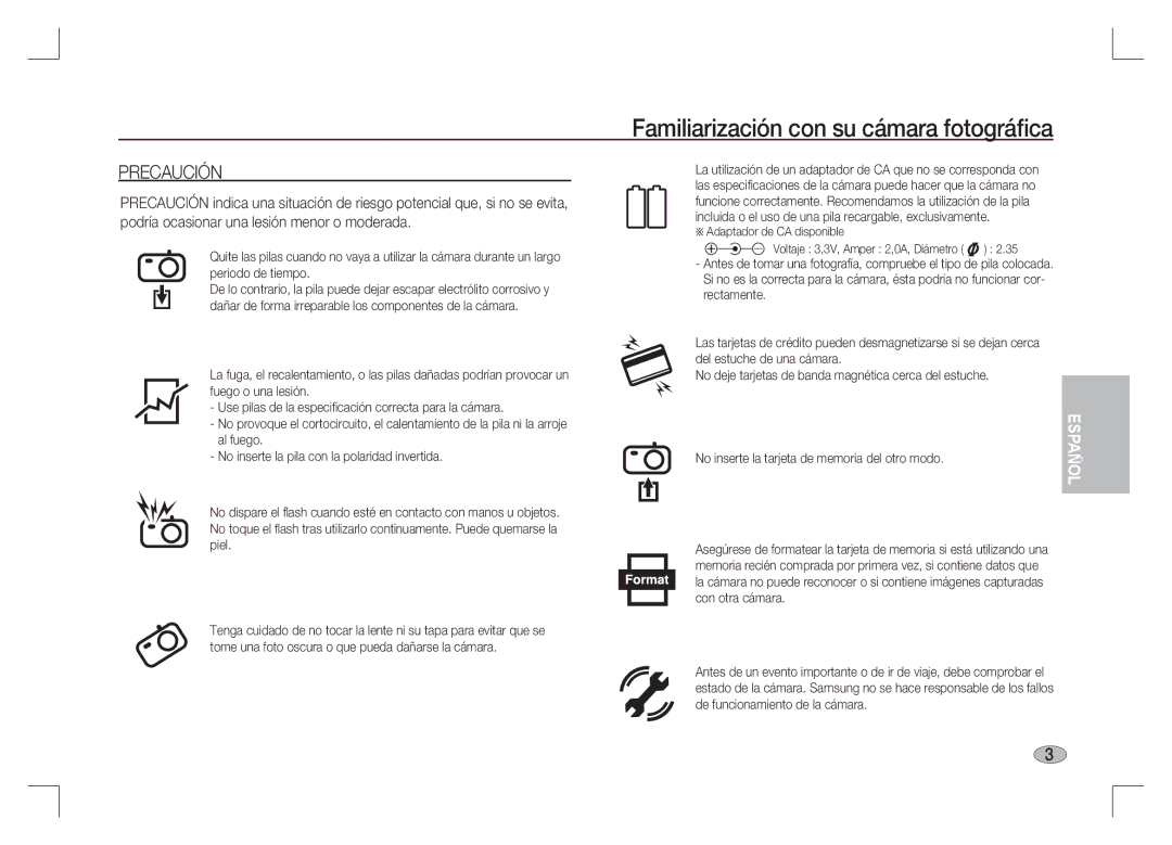 Samsung EC-S85ZZSAA, EC-S85ZZPAA, EC-S85ZZBAA manual Familiarización con su cámara fotográﬁca, Precaución 