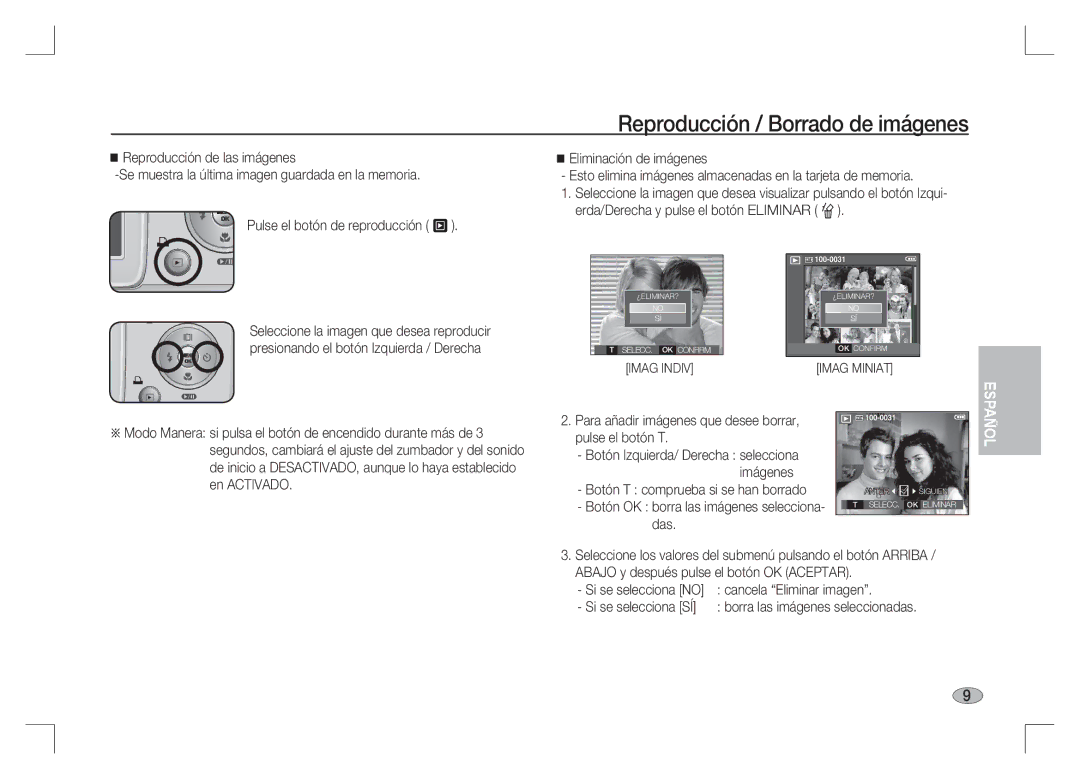 Samsung EC-S85ZZSAA manual Reproducción / Borrado de imágenes, Para añadir imágenes que desee borrar, pulse el botón T 