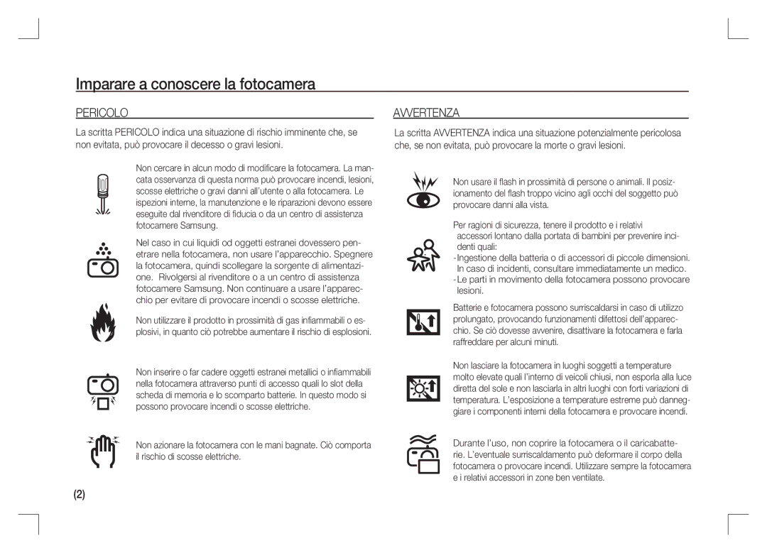 Samsung EC-S85ZZSAA, EC-S85ZZPAA, EC-S85ZZBAA manual Pericolo, Avvertenza 