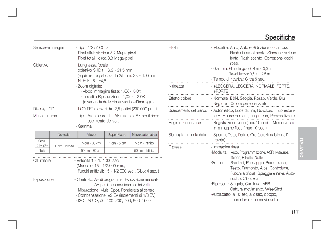 Samsung EC-S85ZZSAA, EC-S85ZZPAA, EC-S85ZZBAA manual Speciﬁche 