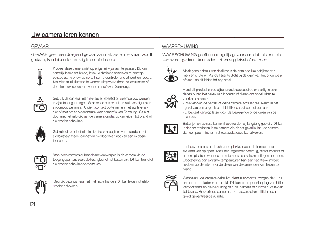 Samsung EC-S85ZZBAA, EC-S85ZZPAA, EC-S85ZZSAA manual Gevaar, Waarschuwing 