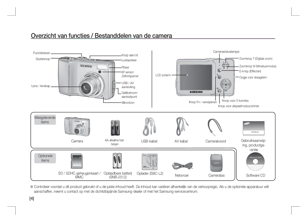 Samsung EC-S85ZZSAA, EC-S85ZZPAA manual Overzicht van functies / Bestanddelen van de camera, Meegeleverde Items Camera 