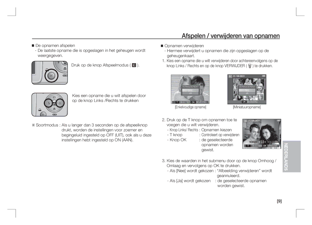 Samsung EC-S85ZZPAA, EC-S85ZZSAA manual Afspelen / verwijderen van opnamen, Knop OK De geselecteerde Opnamen worden Gewist 