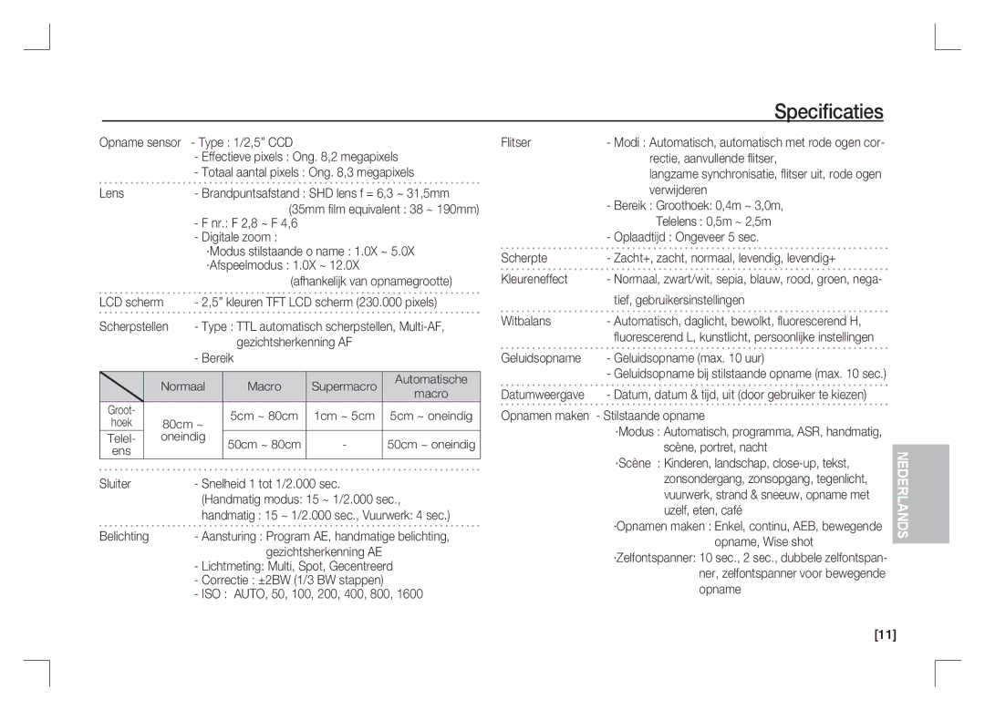 Samsung EC-S85ZZBAA, EC-S85ZZPAA, EC-S85ZZSAA manual Speciﬁcaties 