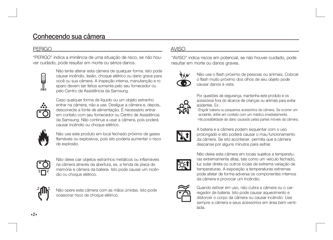 Samsung EC-S85ZZPAA, EC-S85ZZSAA, EC-S85ZZBAA manual Perigo, Aviso 