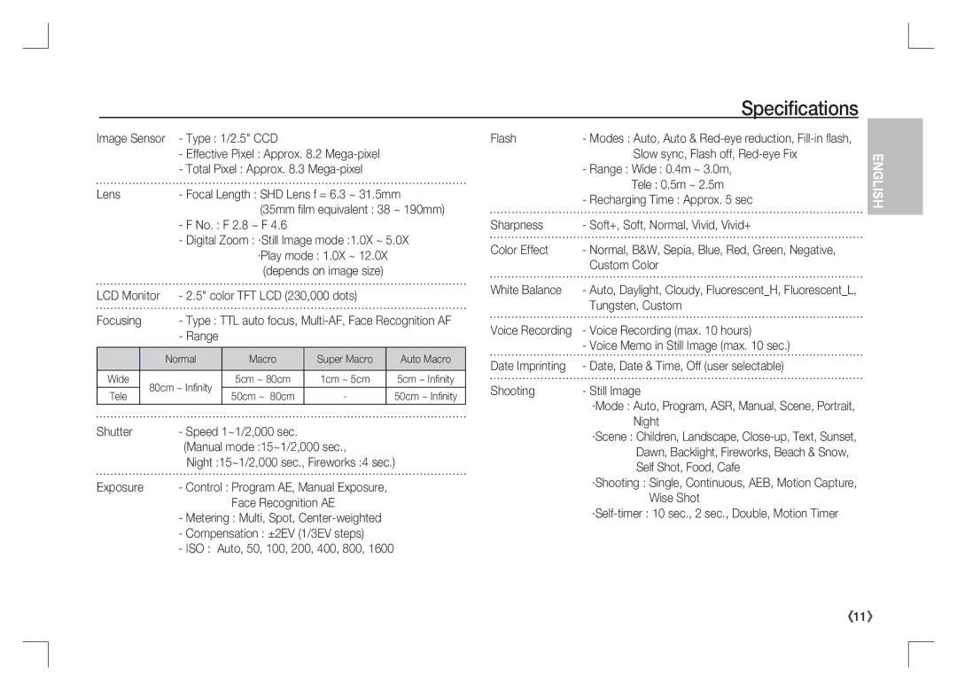 Samsung EC-S85ZZPAA, EC-S85ZZSAA, EC-S85ZZBAA manual Speciﬁcations 