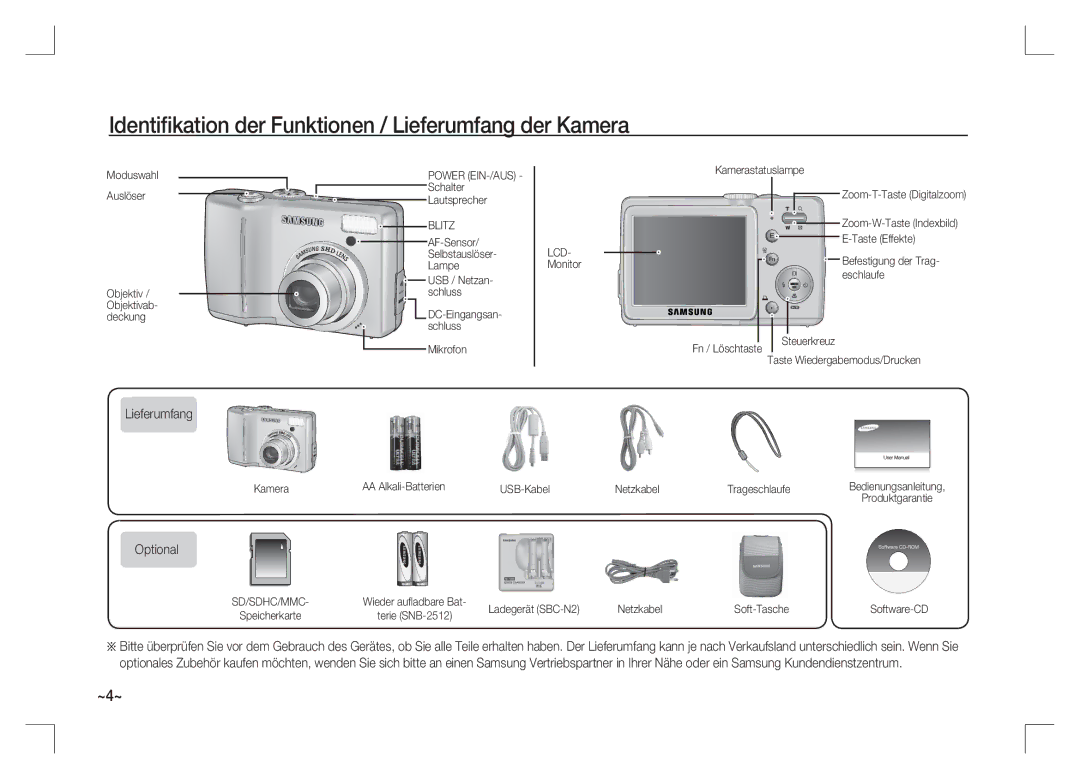 Samsung EC-S85ZZPAA, EC-S85ZZSAA, EC-S85ZZBAA manual Identiﬁkation der Funktionen / Lieferumfang der Kamera, Optional 