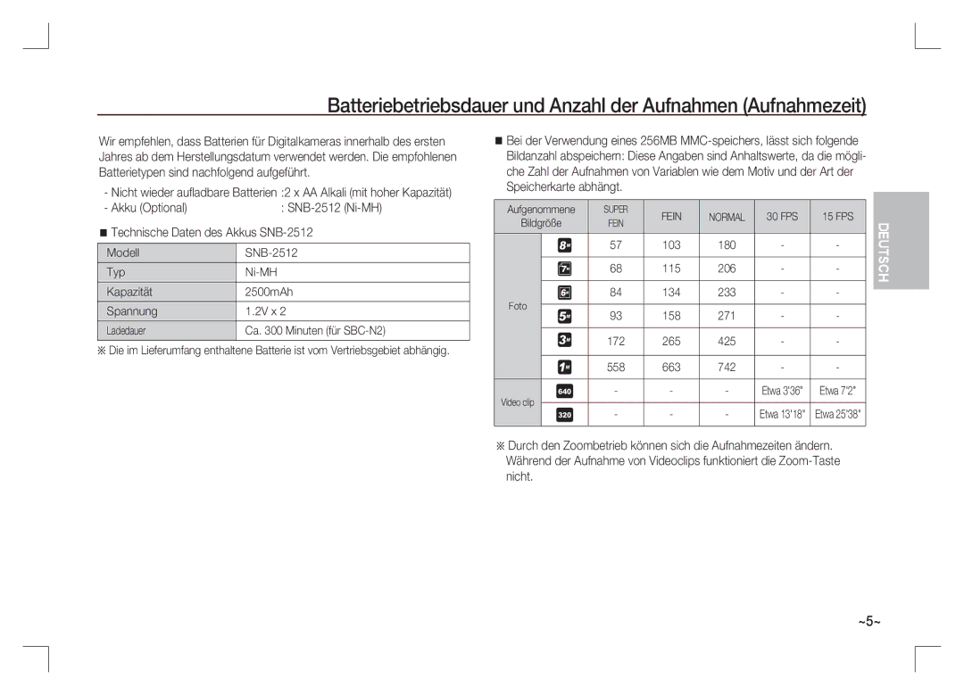 Samsung EC-S85ZZSAA, EC-S85ZZPAA manual Batteriebetriebsdauer und Anzahl der Aufnahmen Aufnahmezeit, FPS 15 FPS Bildgröße 