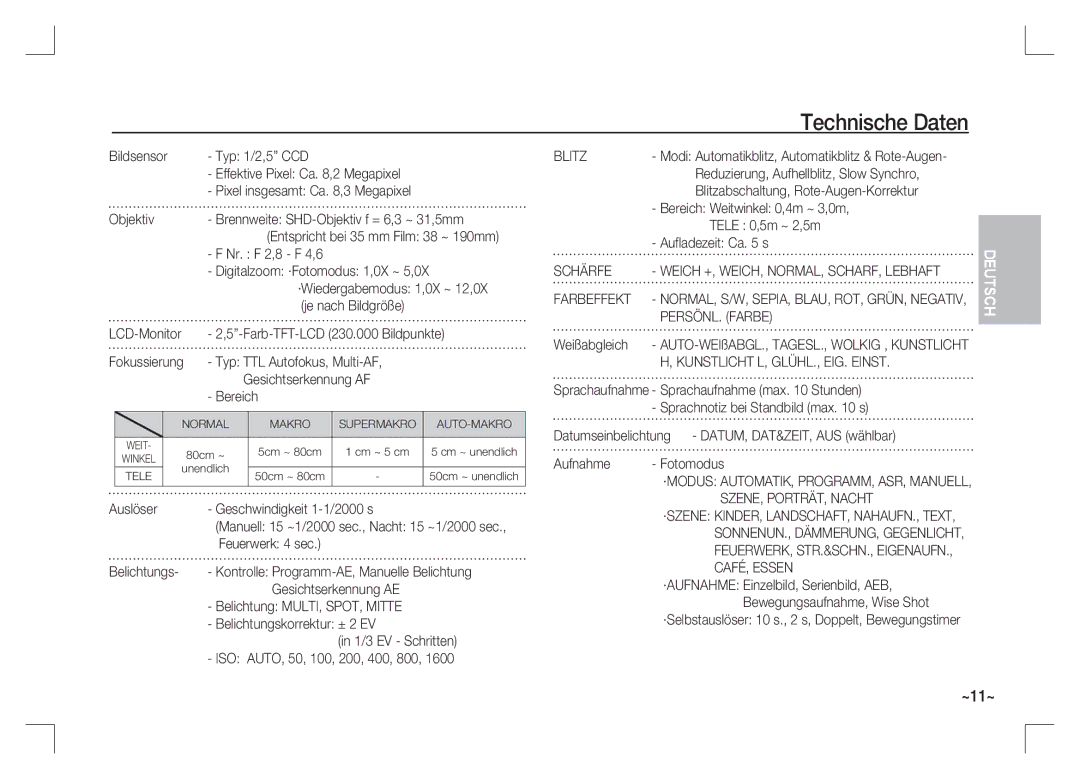 Samsung EC-S85ZZSAA, EC-S85ZZPAA, EC-S85ZZBAA manual Technische Daten 