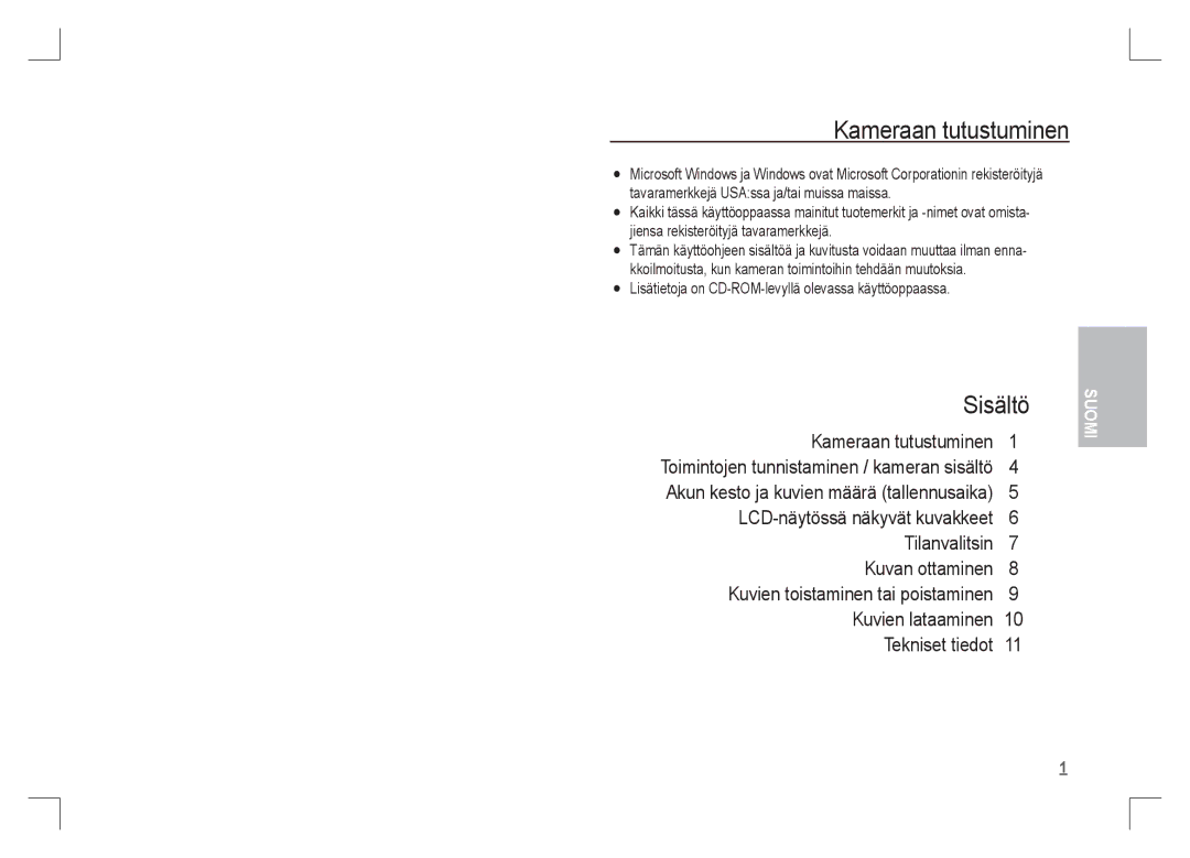 Samsung EC-S85ZZSAA, EC-S85ZZPAA, EC-S85ZZBAA manual Kameraan tutustuminen, Sisältö 