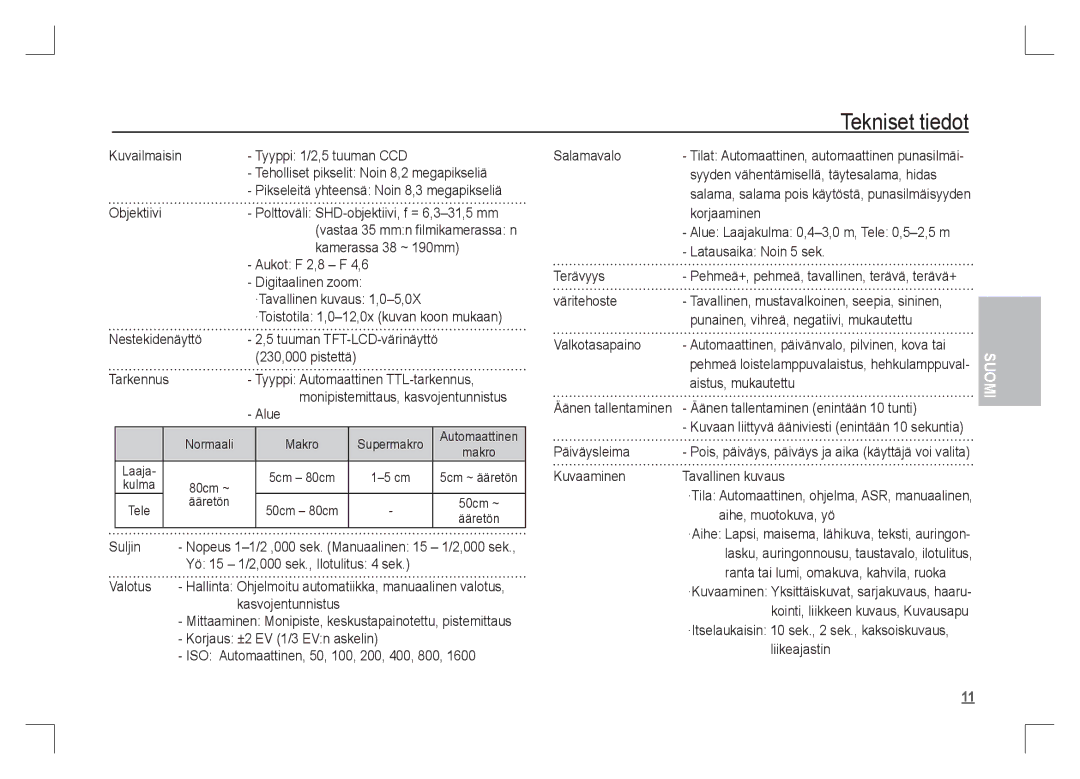 Samsung EC-S85ZZBAA, EC-S85ZZPAA, EC-S85ZZSAA manual Tekniset tiedot 