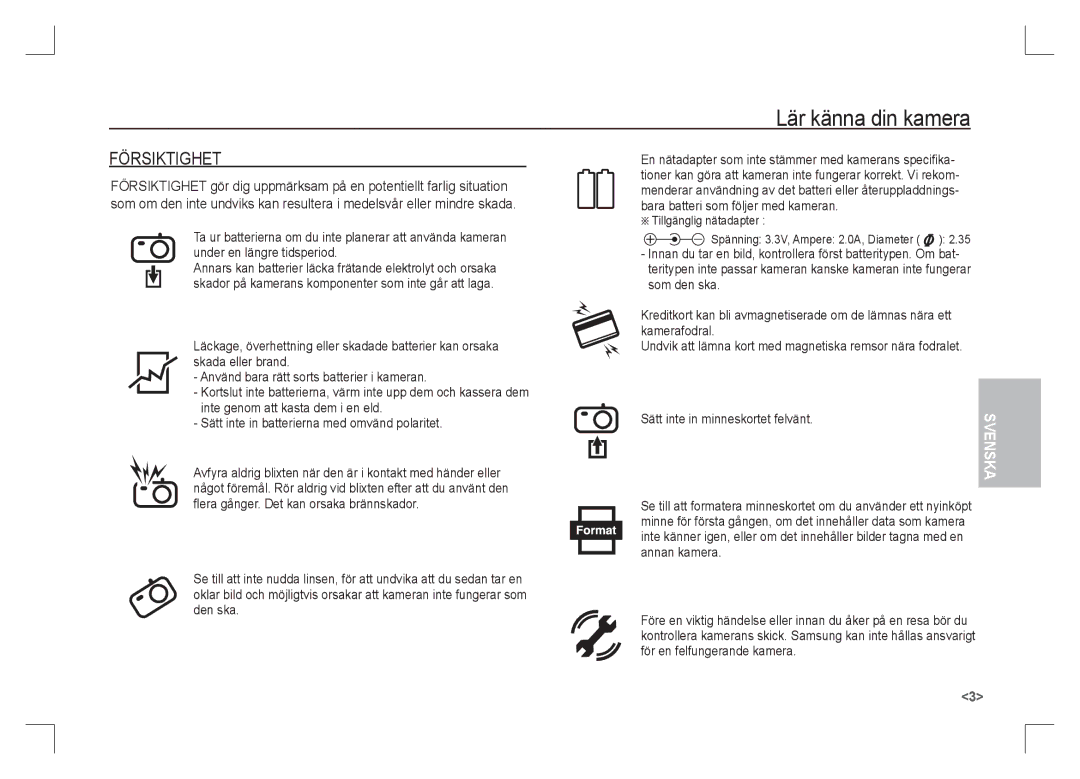 Samsung EC-S85ZZSAA, EC-S85ZZPAA, EC-S85ZZBAA manual Försiktighet, Tillgänglig nätadapter 