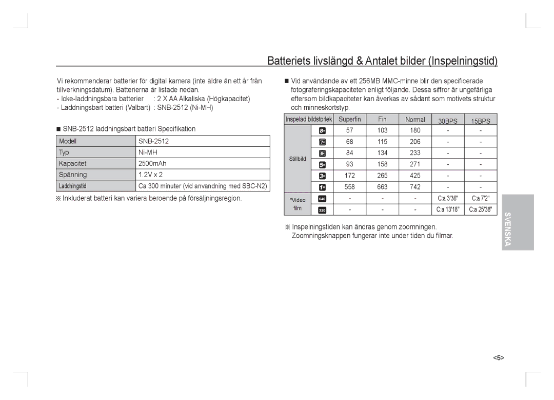 Samsung EC-S85ZZPAA, EC-S85ZZSAA, EC-S85ZZBAA manual Batteriets livslängd & Antalet bilder Inspelningstid, Superﬁn Fin Normal 