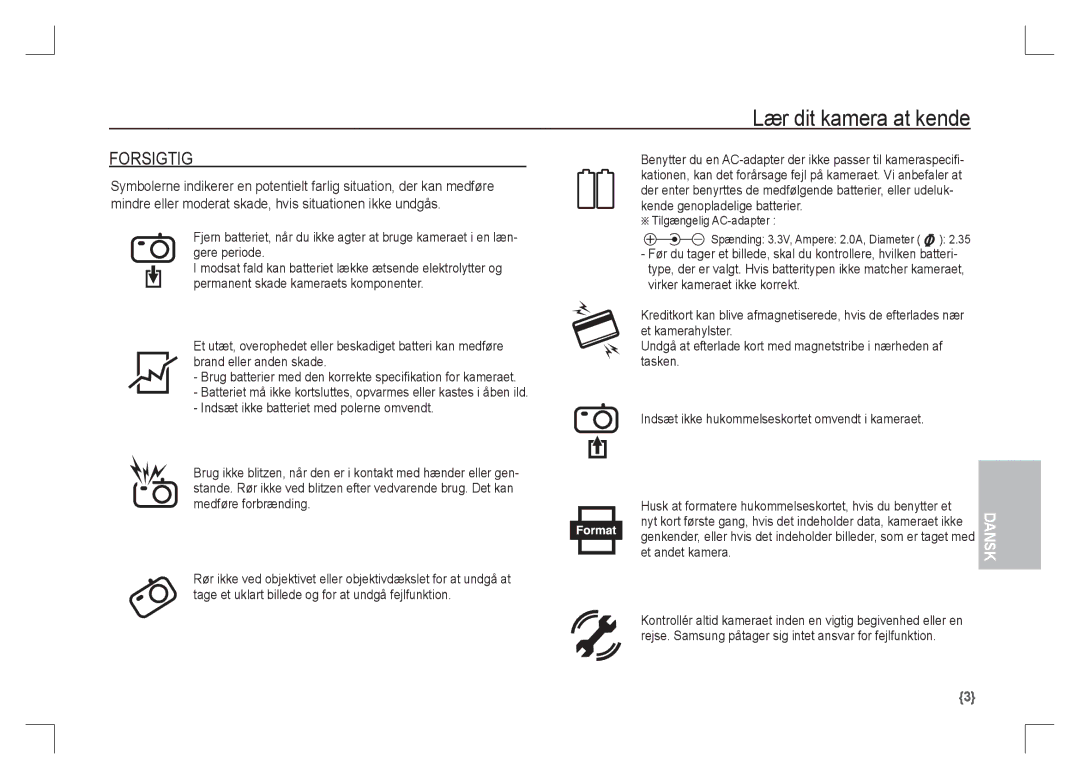 Samsung EC-S85ZZBAA, EC-S85ZZPAA, EC-S85ZZSAA manual Forsigtig, Tilgængelig AC-adapter 