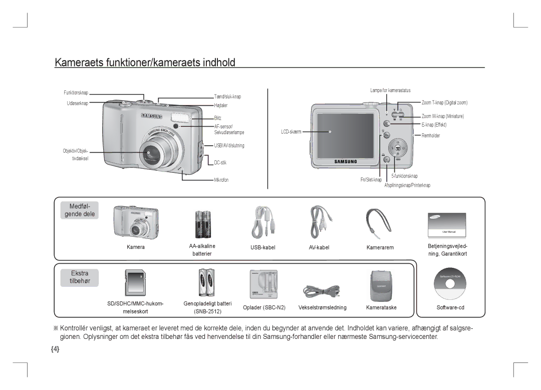 Samsung EC-S85ZZPAA, EC-S85ZZSAA, EC-S85ZZBAA Kameraets funktioner/kameraets indhold, Medføl Gende dele, Ekstra Tilbehør 