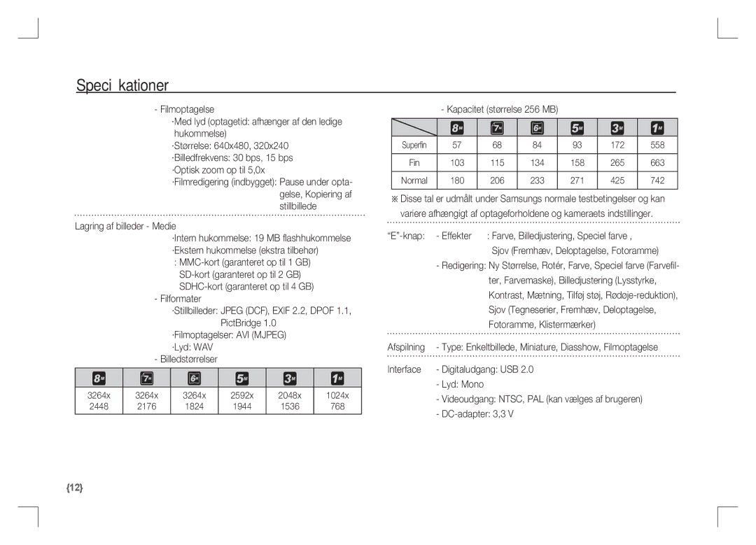 Samsung EC-S85ZZBAA manual Lagring af billeder Medie, Filformater, Kapacitet størrelse 256 MB, Fotoramme, Klistermærker 