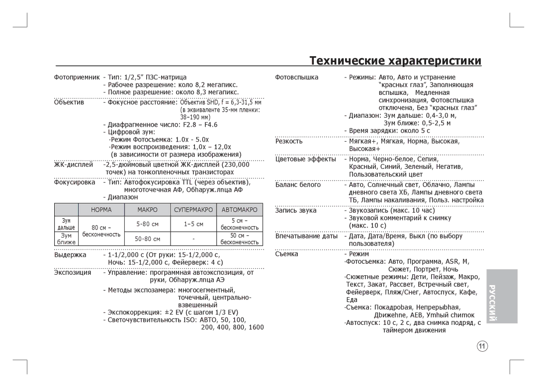 Samsung EC-S85ZZBAA, EC-S85ZZPAA, EC-S85ZZSAA manual Технические характеристики, Норма Макро 