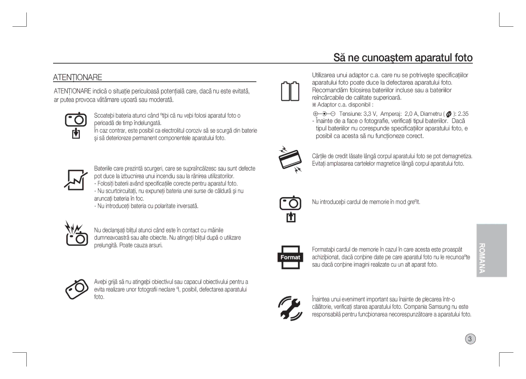 Samsung EC-S85ZZSAA, EC-S85ZZPAA, EC-S85ZZBAA manual Atenţionare, Adaptor c.a. disponibil 