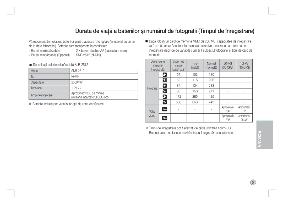 Samsung EC-S85ZZPAA Speciﬁcaţii baterie reîncărcabilă SLB-2512, Bateriile incluse pot varia în funcţie de zona de vânzare 