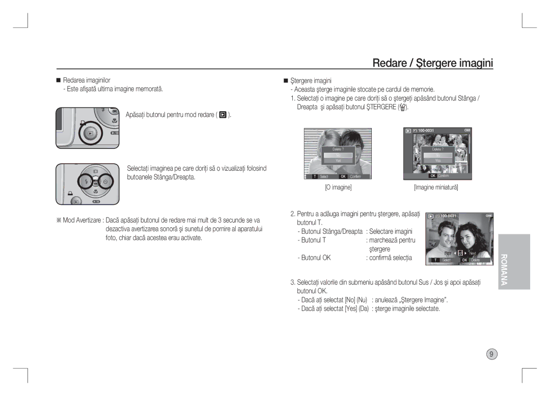 Samsung EC-S85ZZSAA manual Redare / Ştergere imagini, Pentru a adăuga imagini pentru ştergere, apăsaţi butonul T, Butonul T 