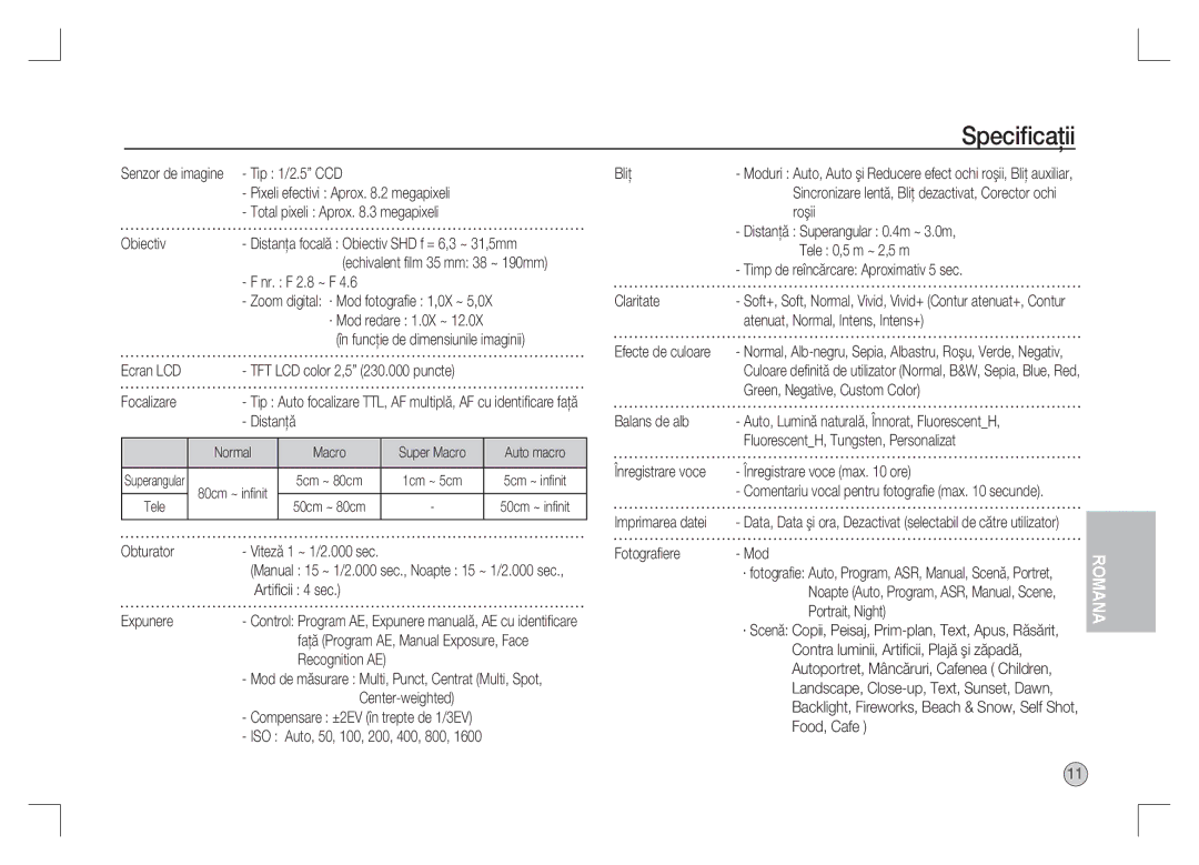 Samsung EC-S85ZZPAA, EC-S85ZZSAA, EC-S85ZZBAA manual Speciﬁcaţii 