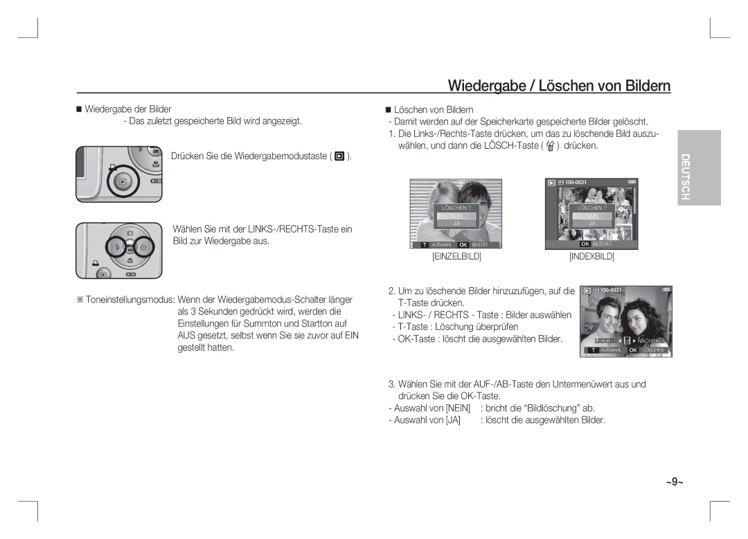 Samsung EC-S85ZZBAA Wiedergabe / Löschen von Bildern, Drücken Sie die Wiedergabemodustaste Î, Taste Löschung überprüfen 