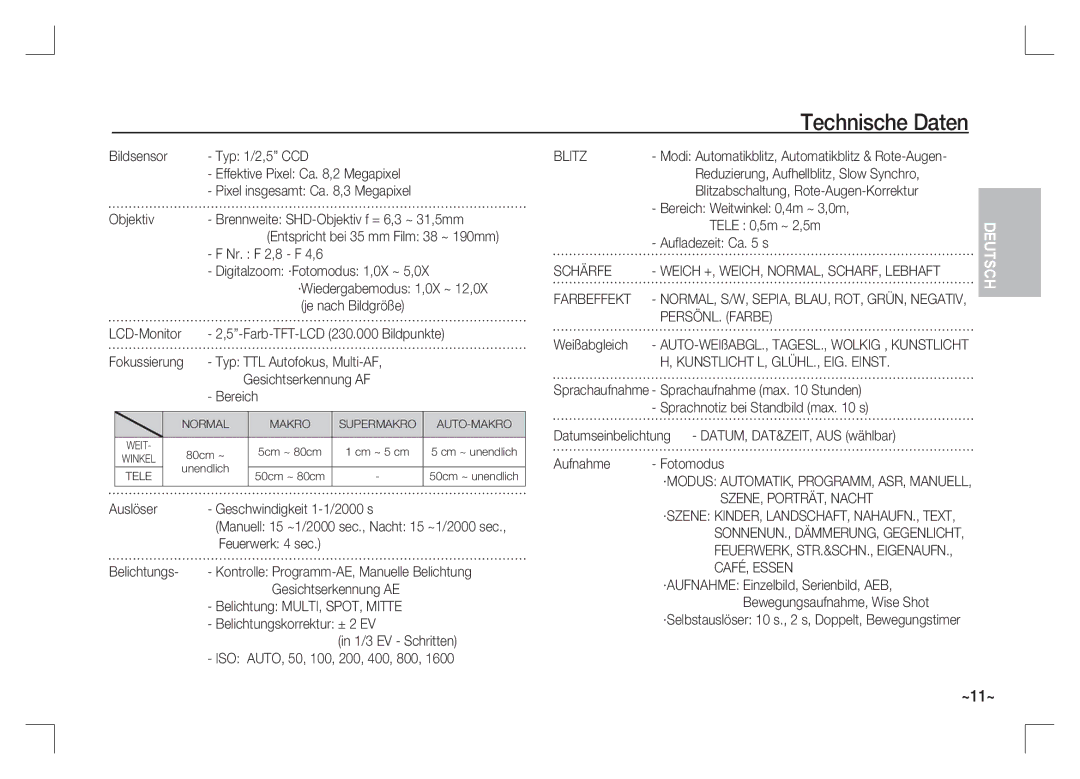 Samsung EC-S85ZZSAA, EC-S85ZZPAA, EC-S85ZZBAA manual Technische Daten 