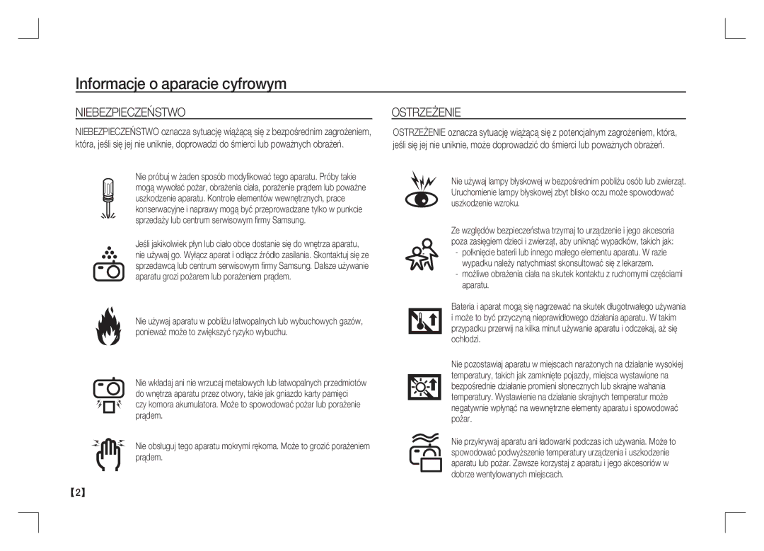 Samsung EC-S85ZZBAA, EC-S85ZZPAA, EC-S85ZZSAA manual Niebezpieczeństwo, Ostrzeżenie 