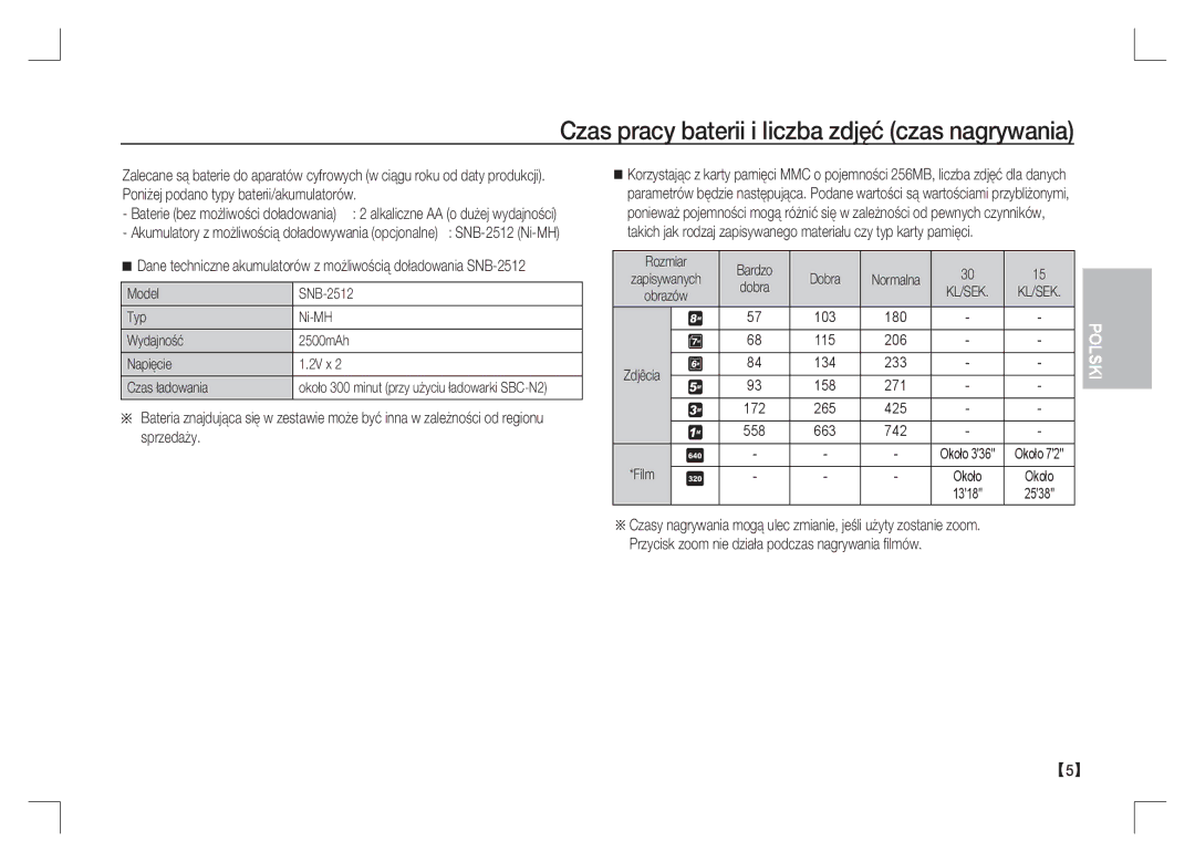 Samsung EC-S85ZZBAA, EC-S85ZZPAA, EC-S85ZZSAA manual Czas pracy baterii i liczba zdjęć czas nagrywania, Rozmiar Bardzo, Dobra 