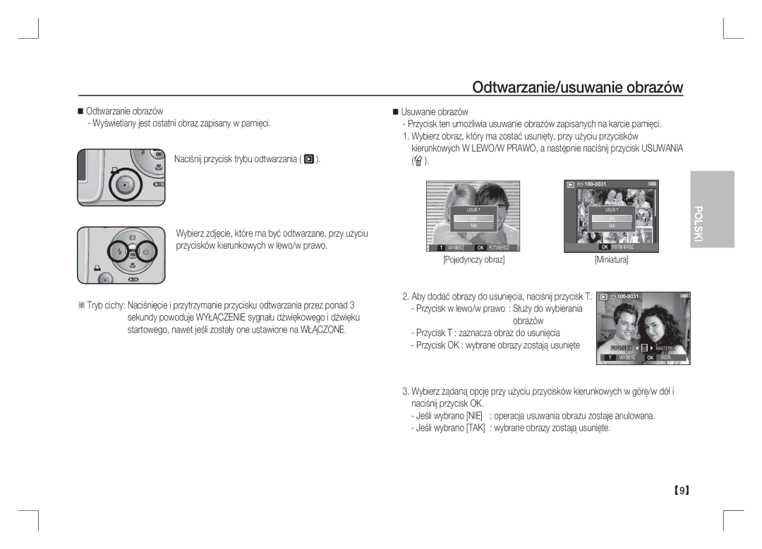 Samsung EC-S85ZZPAA, EC-S85ZZSAA manual Odtwarzanie/usuwanie obrazów, Wybrane obrazy zostają usunięte, Pojedynczy obraz 