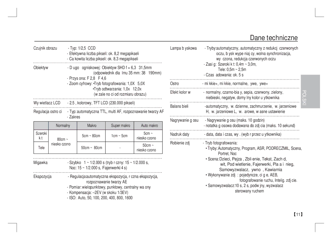 Samsung EC-S85ZZBAA, EC-S85ZZPAA, EC-S85ZZSAA manual Dane techniczne 