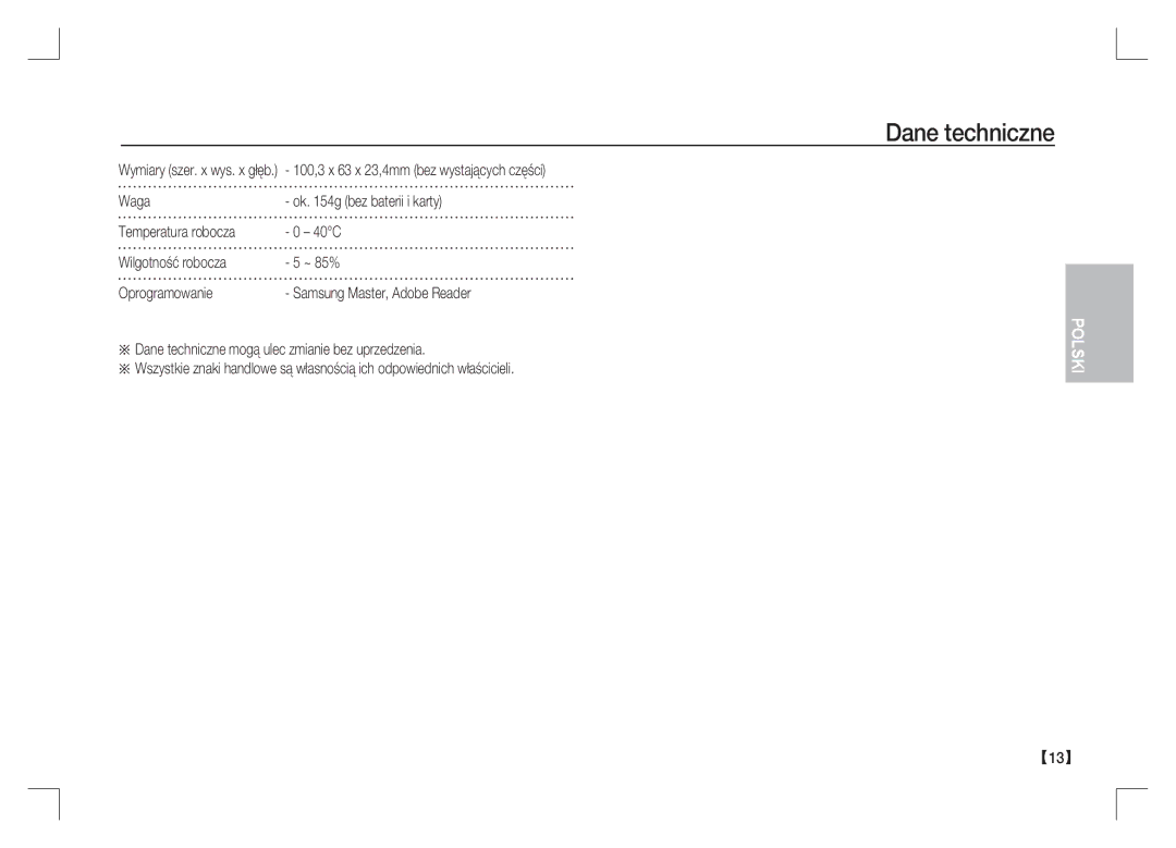 Samsung EC-S85ZZSAA, EC-S85ZZPAA, EC-S85ZZBAA manual Dane techniczne 