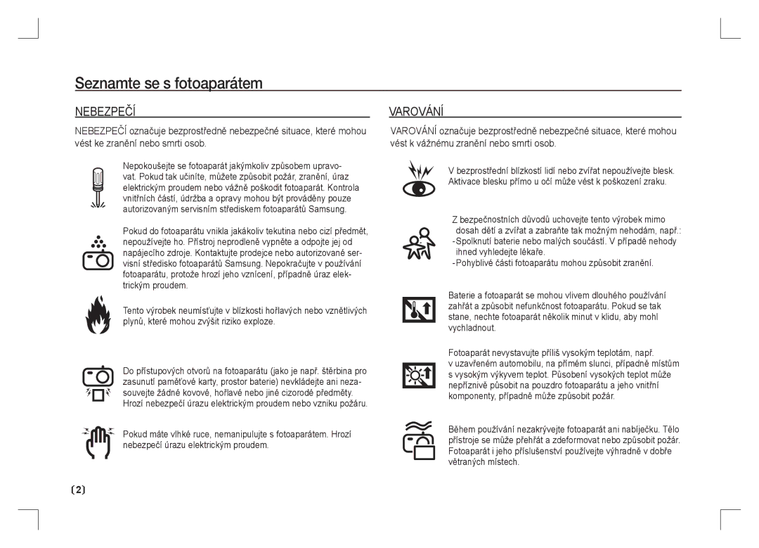 Samsung EC-S85ZZPAA, EC-S85ZZSAA, EC-S85ZZBAA manual Nebezpečí, Varování 