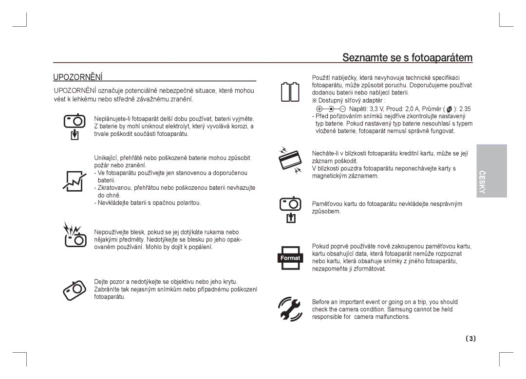 Samsung EC-S85ZZSAA, EC-S85ZZPAA, EC-S85ZZBAA manual Upozornění, Dostupný síťový adaptér 