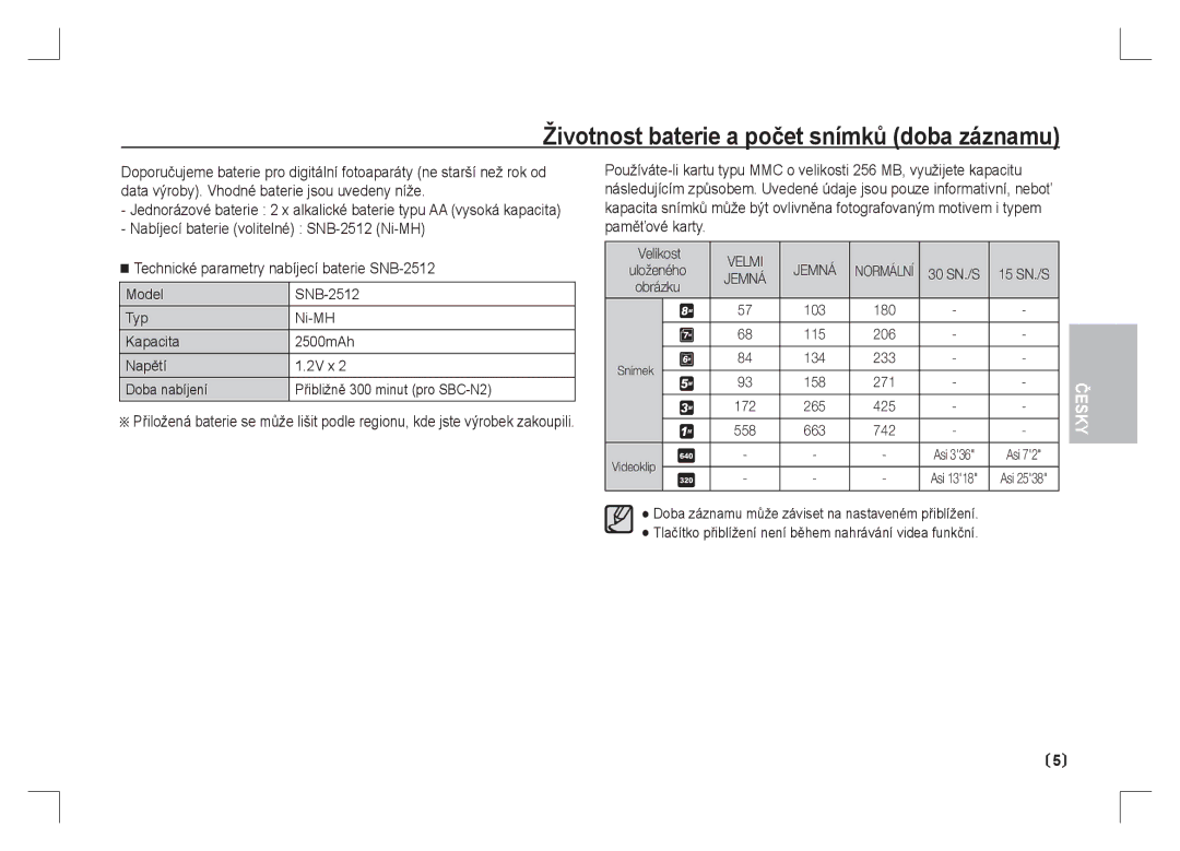 Samsung EC-S85ZZPAA, EC-S85ZZSAA, EC-S85ZZBAA manual Životnost baterie a počet snímků doba záznamu, Velikost 