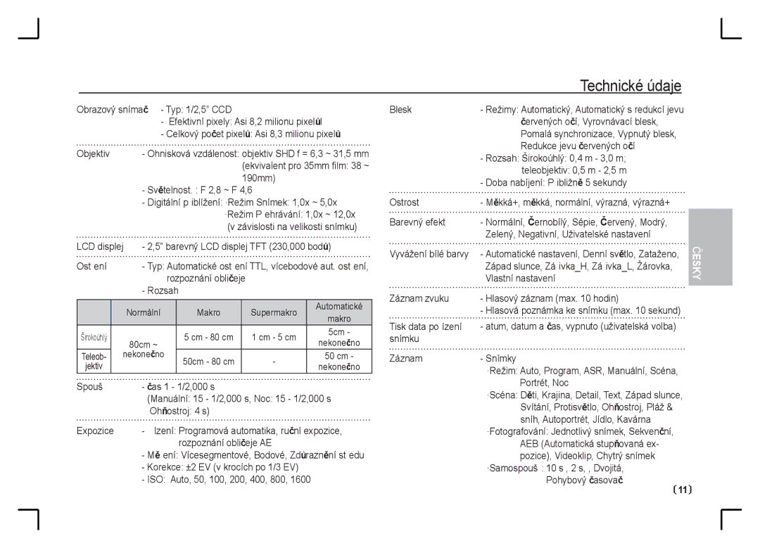 Samsung EC-S85ZZPAA, EC-S85ZZSAA, EC-S85ZZBAA manual Technické údaje 