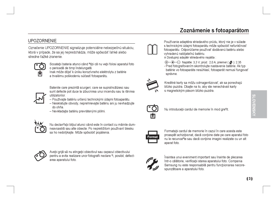 Samsung EC-S85ZZBAA manual Upozornenie, Dostupný adaptér striedavého napätia, Aparat foto, Spunzãtoare a aparatului foto 