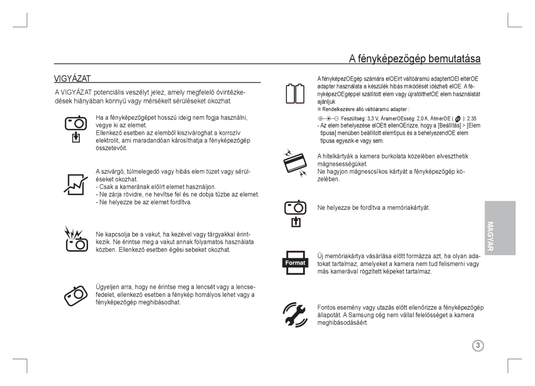 Samsung EC-S85ZZPAA, EC-S85ZZSAA, EC-S85ZZBAA manual Vigyázat, Magyar 