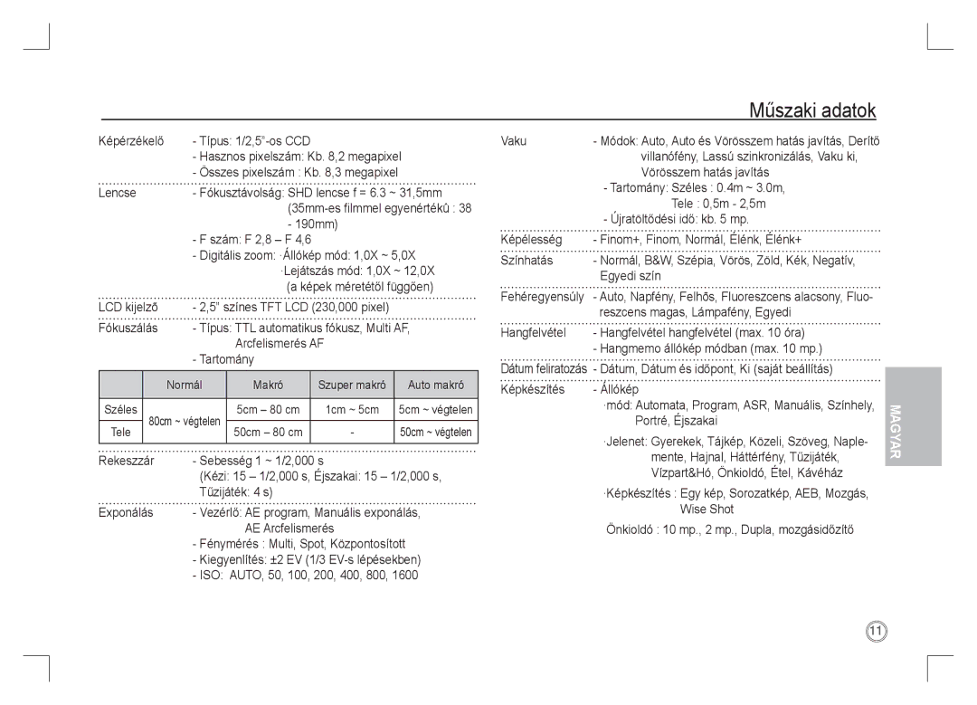 Samsung EC-S85ZZBAA, EC-S85ZZPAA, EC-S85ZZSAA manual Műszaki adatok 