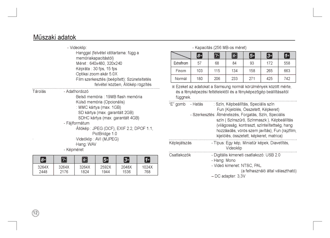 Samsung EC-S85ZZPAA manual Tárolás Adathordozó, MMC kártya max GB, Kapacitás 256 MB-os méret, Képlejátszás, Videoklip 