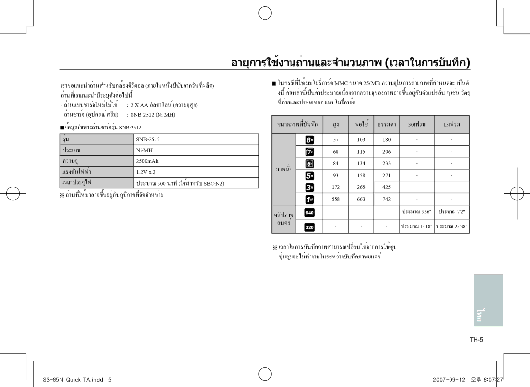 Samsung EC-S85ZZPAA manual อายุการใช้งานถ่านและจำนวนภาพ เวลาในการบันทึก, ถ่านที่ให้มาอาจขึ้นอยู่กับภูมิภาคที่จัดจำหน่าย 