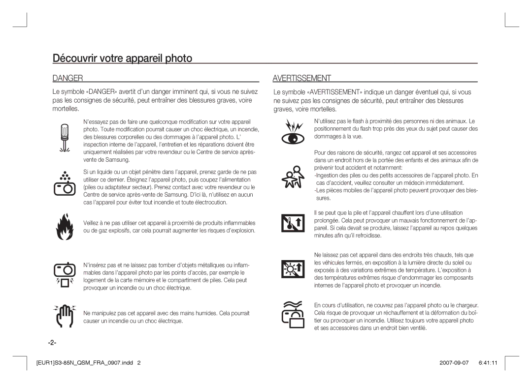 Samsung EC-S85ZZSAA, EC-S85ZZPAA, EC-S85ZZBAA manual Avertissement 