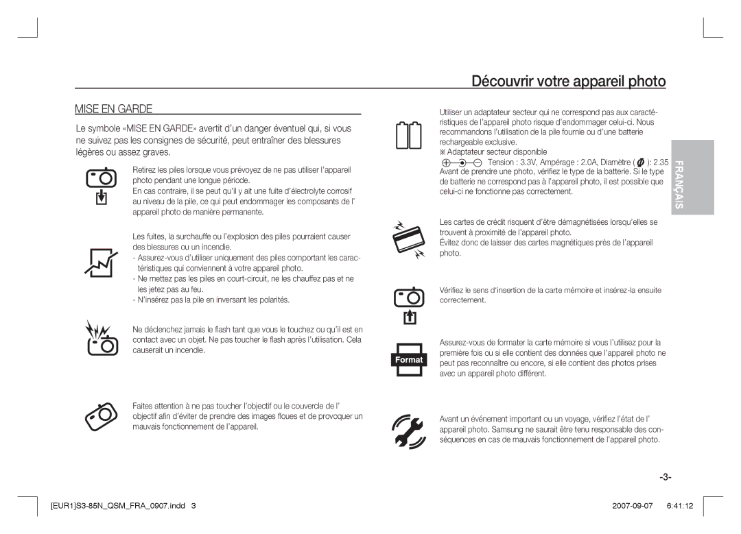 Samsung EC-S85ZZBAA, EC-S85ZZPAA, EC-S85ZZSAA manual Mise EN Garde, Adaptateur secteur disponible 