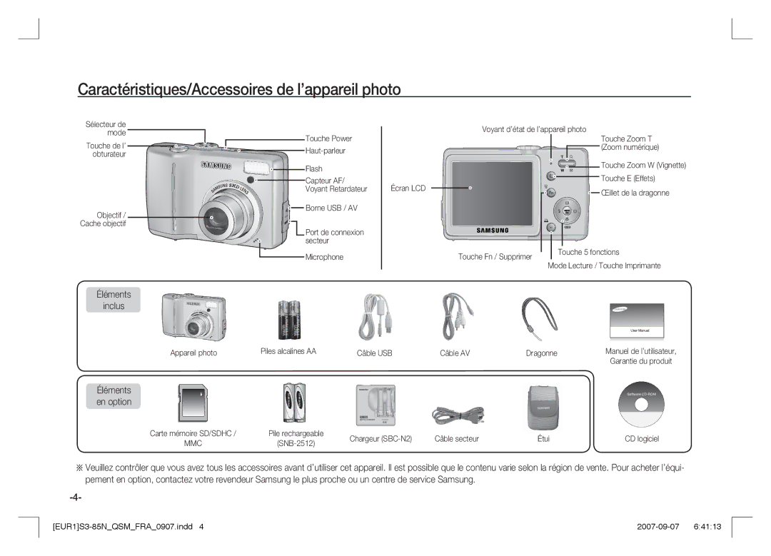 Samsung EC-S85ZZPAA, EC-S85ZZSAA Caractéristiques/Accessoires de l’appareil photo, Éléments Inclus, Éléments en option 